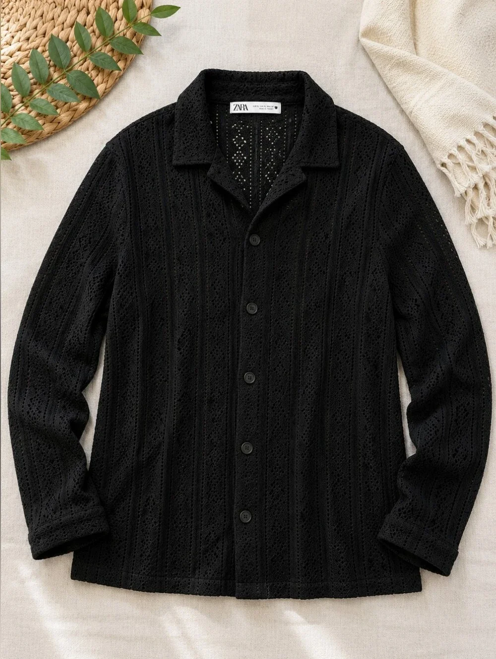 Zara XL Black Openwork Jacquard Crochet Knit Button Long Sleeve Shirt Sweater